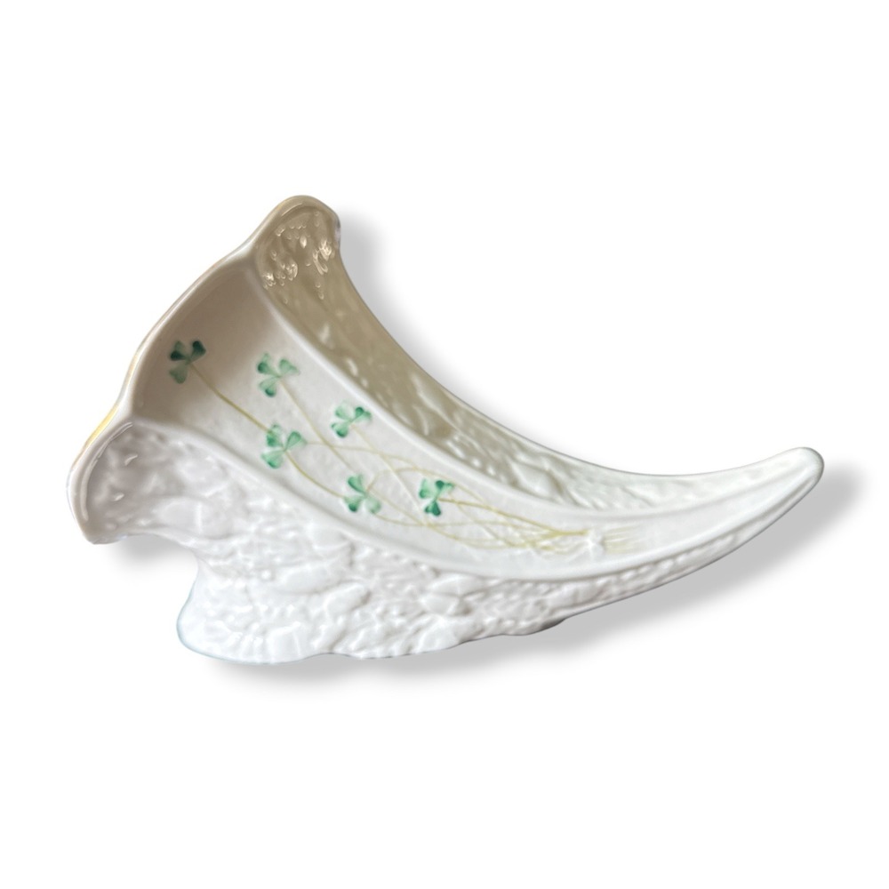 Belleek Ireland Shamrock Cornucopia Vase Gold Rim Parian China 12" Horn